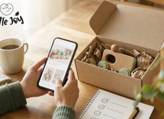 Părinte care alege jucării pe telefon, lângă un colet deschis cu o jucărie din lemn și o listă de verificare, cu logo LittleJoy